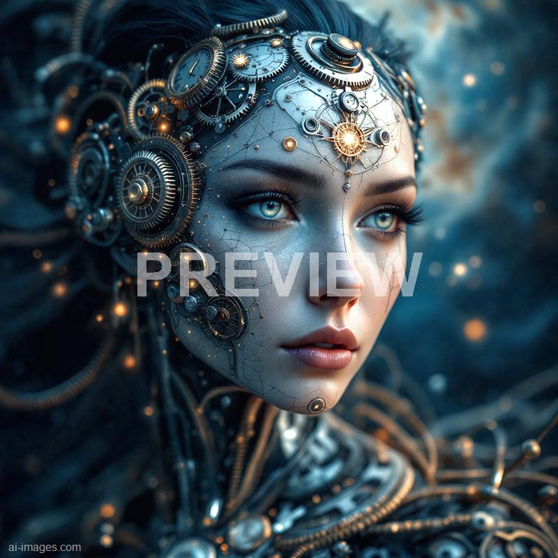 A highly detailed and futuristic portrait of a woman with piercing blue eyes and flawless skin. Her face is partially covered with intricate mechanical and gear-like implants, blending seamlessly with her natural features, and appears to be part of a cybernetic or robotic entity. The background is blurred with a dark, cosmic-like atmosphere, emphasizing the sci-fi theme of the image.
